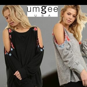 Umgee Black and Gray Cold Cut-Out Shoulder Top with Floral Details Size XL